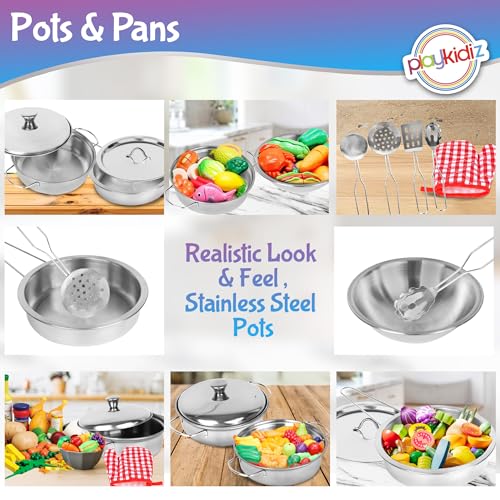 Playkidz Stainless Steel Pots and Pans - Toy Cookware 9 Piece Playset for Kids Pretend Play House - Great Birthday Gift for Girls - Image 7
