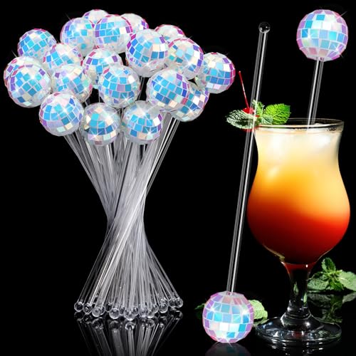 Sawysine 24 Pcs Disco Ball Cocktail Stirrers Plastic Round Top Swizzle Stick 8 Inch Silver Mirror Ball Stir Sticks Beverage Coffee Drink Stirrer for 70s 80s Bachelorette Birthday Party(Iridescent)