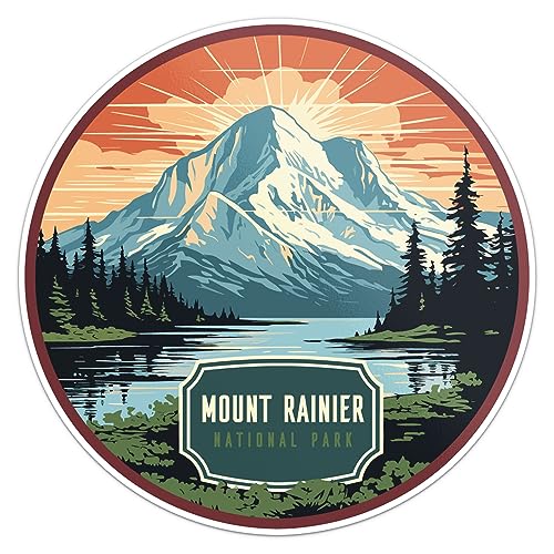 Image of Mount Rainier National Park Sticker - Waterproof Vinyl Decal for Car Bumper, Laptop, Luggage, Water Bottle, Wall, and Window, Size - 3'' X 3''