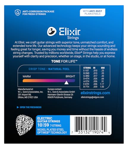 Image of Elixir Strings 19074 7-String Electric Guitar String with OPTIWEB Coating, Light /Heavy (.010-.059)