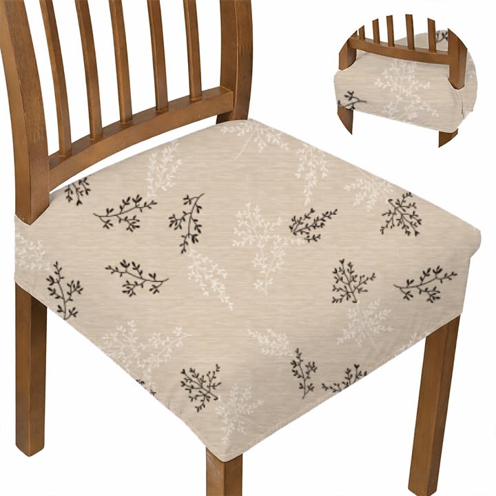 Image of Stretchable Dining Chair seat Cover Set of 6 Seater Elastic Washable Chair Protector for Dining Room, Office and Restaurant, Universal fit Printed Spandex Fabric-Beige Cream