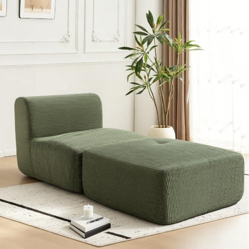 Image of Armless Chair with Ottoman, Modern Corduroy Convertible Cloud Couch