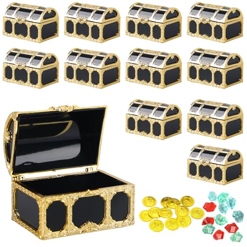 PRITOK Lot de 12 mini coffres au trésor : petit coffre au trésor pirate en plastique avec 12 pièces d'or et 12 pierres précieuses, coffre au trésor pour décoration de fête pirate, 7,5 x 5,2 x 5 cm
