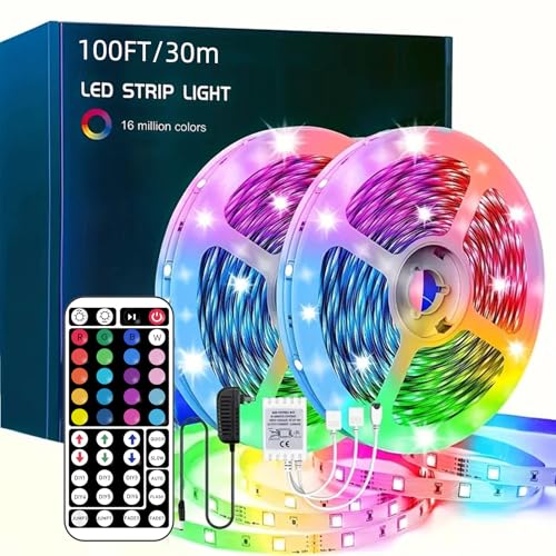 Tira LED multicolor 100 pies con control remoto y fuente miniatura 1