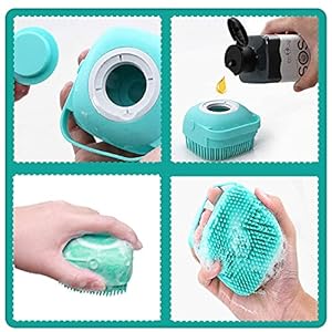 ELEGX Pet Grooming Bath Massage Brush with Soap and Shampoo Dispenser Soft Silicone Bristle for Long Short Haired Dogs Cats Shower (Yellow)