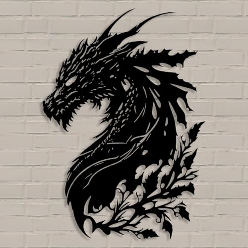Dragon Metal Wall Art Medieval Decor Fantasy Decorations for Living Room Bedroom Office Man Cave Decor for Men Dragon Lover’s Gifts (14.2 In X 11.4 In Black）