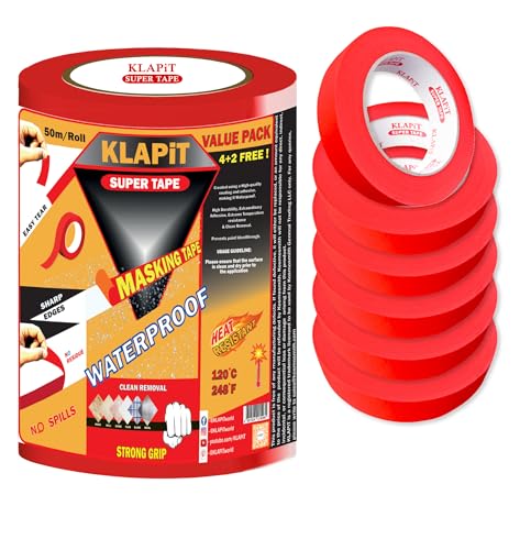 Image of KLAPiT Waterproof Masking Tape - 1 Inch X 50m Painters Tape, Paper Tape, Washi Tape, Red Tape for Painting, Home Office, Industrial Use, Extreme Conditions, Multi-Purpose Tape (6 pc Pack)