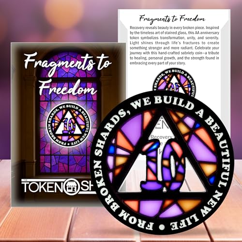 Image of Stained Glass 10 Year AA Chip Sobriety Coin Medallion, Fragments to Freedom Alcoholics Anonymous Addiction Recovery Anniversary Token, Inspirational Sober Gifts for Men and Women by the Token Shop