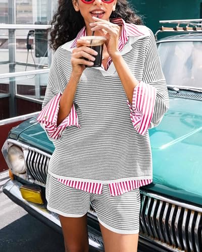 Image of Tankaneo Womens Sweater Set 2 Piece Outfits Oversized 3 /4 Sleeve V Neck Knit Tops High Waisted Shorts Lounge Sets