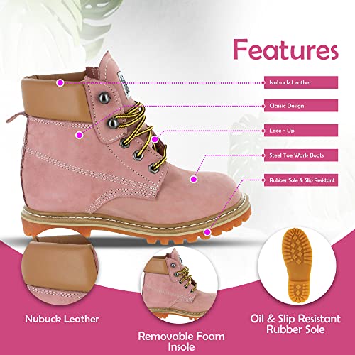 Women’s Work Boots | Waterproof Leather Work Boots for Women | Oil & Slip-Resistant Soft Toe Boots for Women | Premium Nubuck Leather | Lightweight and Comfortable | Pink Leather - 10.5M3