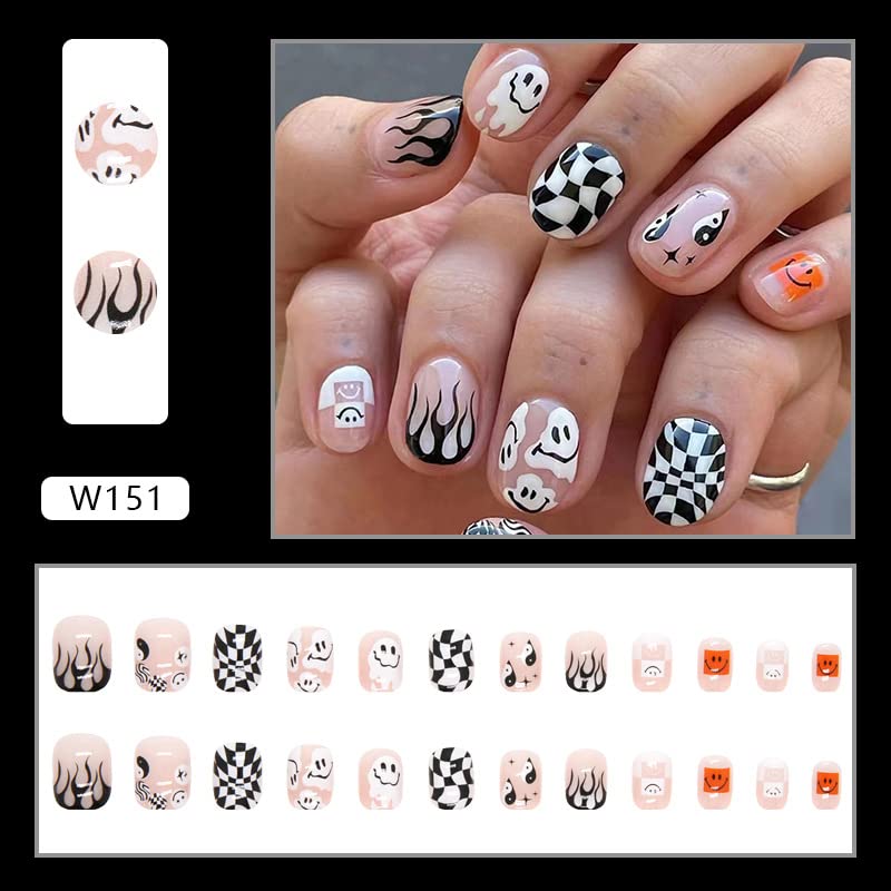 Miniatura 4 de Uñas postizas a presión de Halloween, cuadradas cortas con diseños de fantasmas de llama, uñas acrílicas blancas y negras, uñas acrílicas de