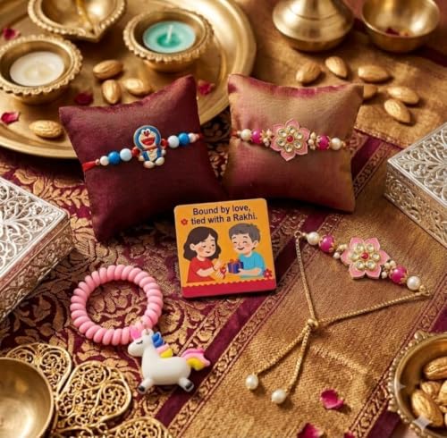 Image of SAUDEEP INDIA Decorative Fridge Magnet for Refrigerator Decor | Family Rakhi Combo Set for Bhaiya Bhabhi & 2 Kids | Raksha Bandhan Gift | Couple Rakhi with Kids Rakhi | Festival Home Decoration