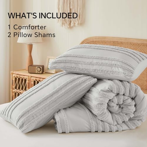 Image of BEDELITE Boho King Size Comforter Set - Light Grey Tufted Striped Bed Set 3 Pieces, Soft Vintage Farmhouse Comforter for All Seasons, Boho Home Decor,Fluffy Jacquard Bedding with Pillow Sham