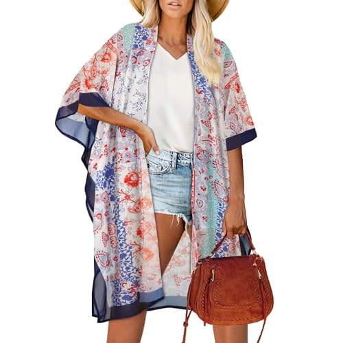 Women's Kimono Beach Cover up for Summer Bathing Suits Cardigans Casual Loose Swimwear Small Navy Blue Lace