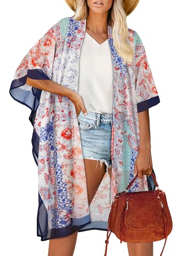 Kimono für Damen Sommer Strickjacken Open Front Badeanzug Cover Up Hawaiian Beach Shirts(Creme Marineblau,S)