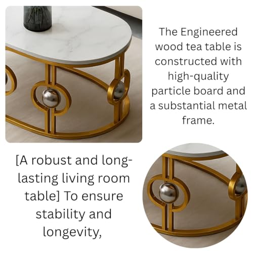 Image of Marble Look Coffee Table, Oval Accent Metal Center Table with Golden Metal Frame Golden White