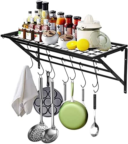Geo fashion Wall Mounted Pot Pan Racks, Kitchen Saucepan Hanging Rack, Kitchen Utensil Rack with 3 Rails 10 Hooks, Hanging Cooking Pot Saucepan Holder Wall Hung Shelf (metal, Black)