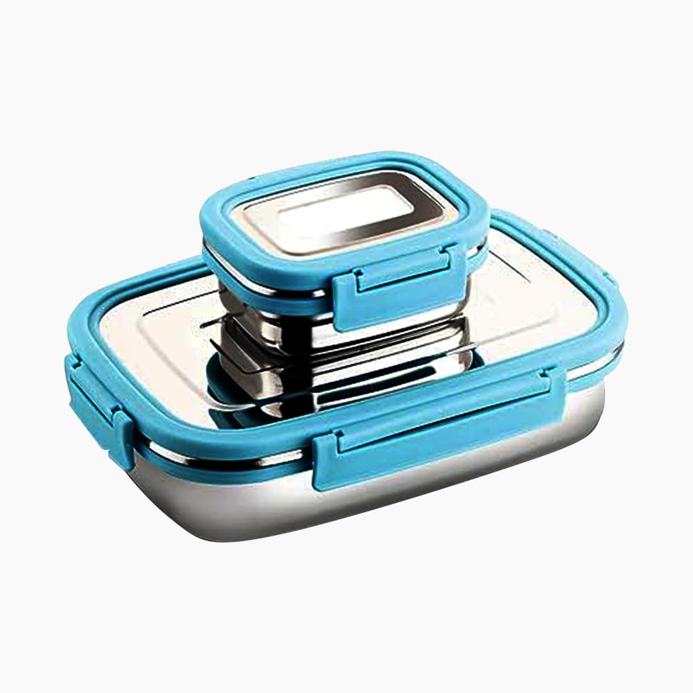 BLLUEX Bento Lunch Box, Stainless Steel Tiffin Lunch Box Container with 4 Side Clip Lock Lid for Office & School Use/Food Grade/Air Tight/Easy to Carry/Leak Proof(750ml 1pc + 250ml 1 Pc) Blue