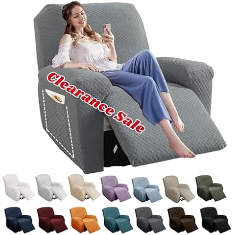 YEMYHOM 4 Pieces Stretch Recliner Slipcover Latest Jacquard Recliner Chair Cover with Side Pocket Anti-Slip Fitted Recliner Cover Couch Furniture Protector with Elastic Bottom (Recliner, Light Gray) Cover