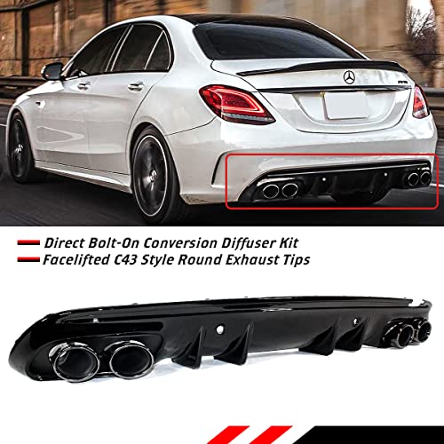 C43 Style Black Shark Fin Rear Bumper Diffuser + Round Black Chrome Exhaust Tips Compatible for 2015-2021 Mercedes Benz W205 4 Door Sedan