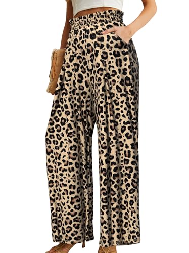 Plus Size Wide Leg Pants for Women High Waisted Adjustable Knot Flowy Leopard Casual Trousers with Pockets2