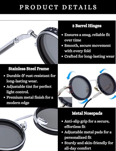 Image of 4Flaunt Spyn ND9 Adjustable Round Sunglasses with ND Filter - Stainless Steel Frame, Gojo Inspired Design, Polarized TAC Lenses & UV400 Protection