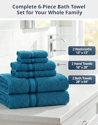Image of Lane Linen Luxury 6-Piece Bath Towel Set - 100% Cotton, Quick-Dry, Super Absorbent, Zero Twist - Includes 2 Bath Towels, 2 Hand Towels, 2 Washcloths - Sea Port