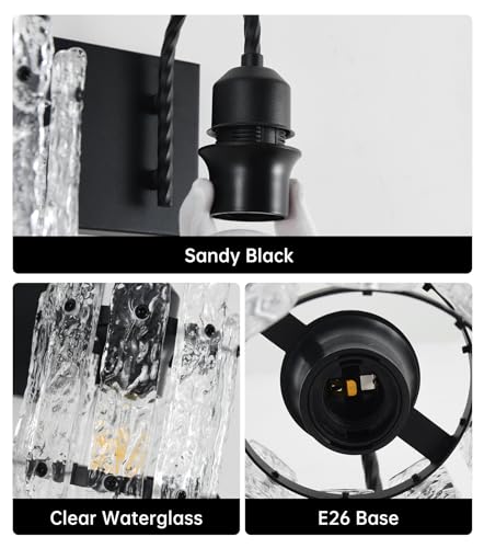 Image of Black Vanity Lights for Bathroom 3 Lights with Stone Texture Round Glass Modern Bathroom Sconce Above Mirror 20in Wall Lamp for Bathroom Living Room Bedroom (Bulbs Included)