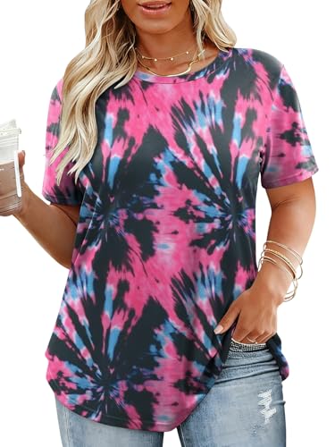 Image of VISLILY Plus-Size-Tops for Women Casual Short Sleeve T Shirts Trendy Tie Dye Crewneck Tees Comfy Loose Fit Tunics XL-5XL
