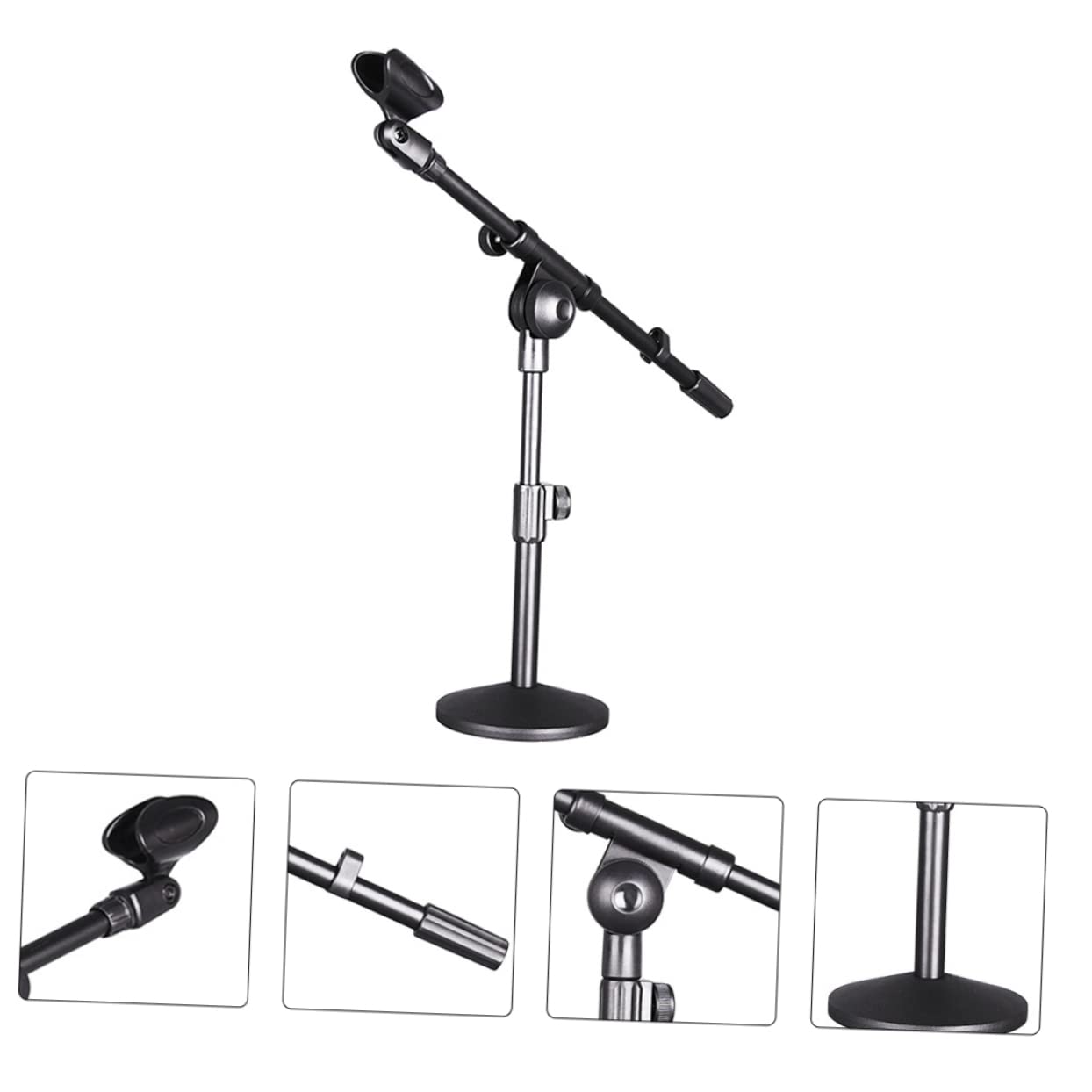 Supporto per Microfono da Tavolo Braccio, Base Tonda Nera | Ferro, Movimento Silenzioso, Design Compatto e Leggero, per Casa e Palco