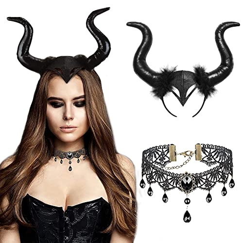 ZHSIHAI 2PCS Königin Hörner Kostüm Set Kopfschmuck Horn Kopfbedeckung Damen Halloween Haareif mit Gothic Retro Spitzenhalskette Halloween Haareif Teufelhörner Kostüm Böse Stirnband Schwarz Haarband Cover