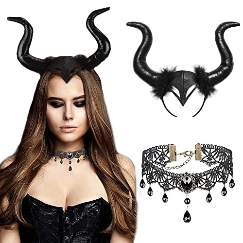 ZHSIHAI 2PCS Königin Hörner Kostüm Set Kopfschmuck Horn Kopfbedeckung Damen Halloween Haareif mit Gothic Retro Spitzenhalskette Halloween Haareif Teufelhörner Kostüm Böse Stirnband Schwarz Haarband