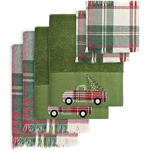 Weave Essentials 6Pc Christmas Bath Linen Set, Luxuriously Soft & Super Absorbent, 100% Cotton, 2 Face & 2 Bath Flannel and 2 Hand Towel with Xmas Embroidered Decorative Festive Tree Design, May Green Cover