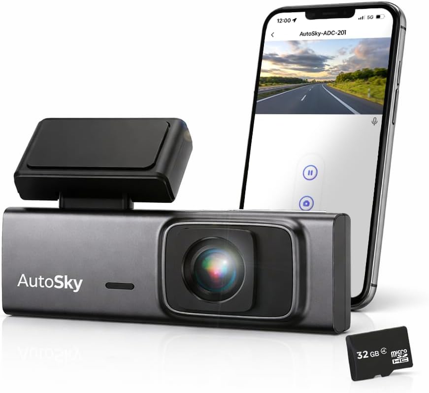 AUTOSKY 2K Dash Cam Front, WiFi Car Camera, Wide 140° View, G-Sensor, Loop Recording, Time Lapse, 32GB Card Included
