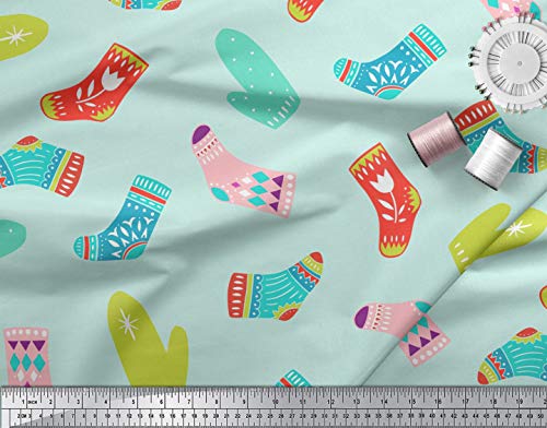 Image of Soimoi Green Cotton Voile Fabric Socks & Gloves Folk Art Fabric Prints By Meter 56 Inch Wide