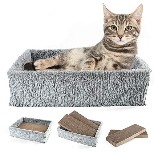 PrimePets 2 in 1 Cat Scratcher Lounge, Removable Cat Scratcher Carboard, Reversible Corrugated Cat Scratching Pads, Cat Scratch Sofa Bed Lounger, Catnip Included