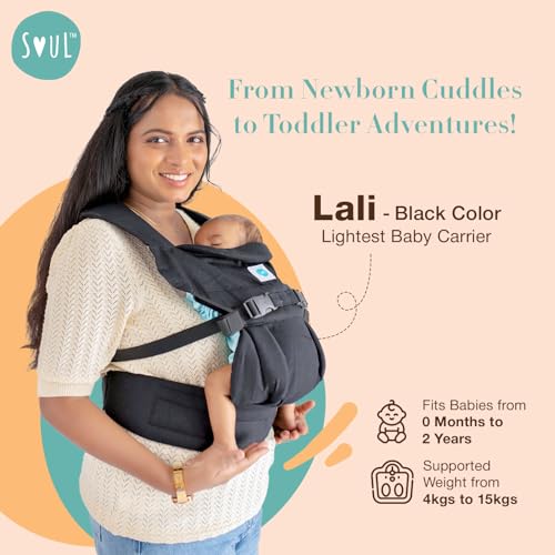 Image of Soulslings 4-in-1 Lali Baby Carrier Bag, 100% Cotton - Black | Compact & Lightweight (400g) | Adjustable for 0-24 Months (4-15kg) | Machine Washable & Handwashable | Breastfeeding Friendly |