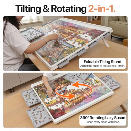 WELGEE 1500 Pieces 2-in-1 Tilting & Rotating Puzzle Board with Drawers and Cover, 35"x27" Portable Spinning Plastic Jigsaw Puzzle Table for Adults, Upgraded Lazy Susan by WELGEE - Image 3