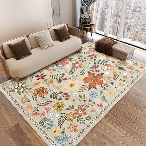 Washable Area Rugs, Floral Rug, Large Carpet for Living Room Bedroom,5'x 7',Beige