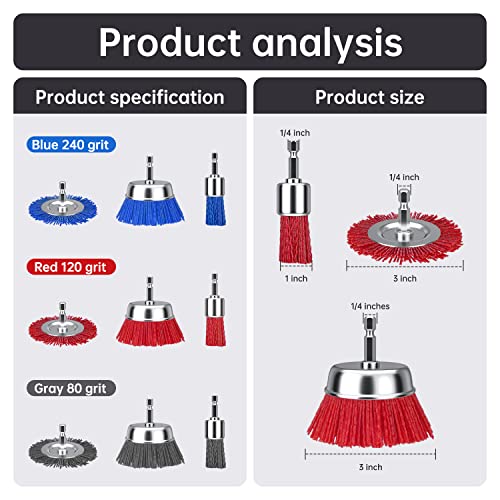 9 Pack Nylon Filament Abrasive Wire Brush Wheel & Cup Brush Set With 1/4 Inch Hex Shank, For Removal Of Rust/Corrosion/Paint - 80 Grit, 120 Grit, 240 Grit #TOP1