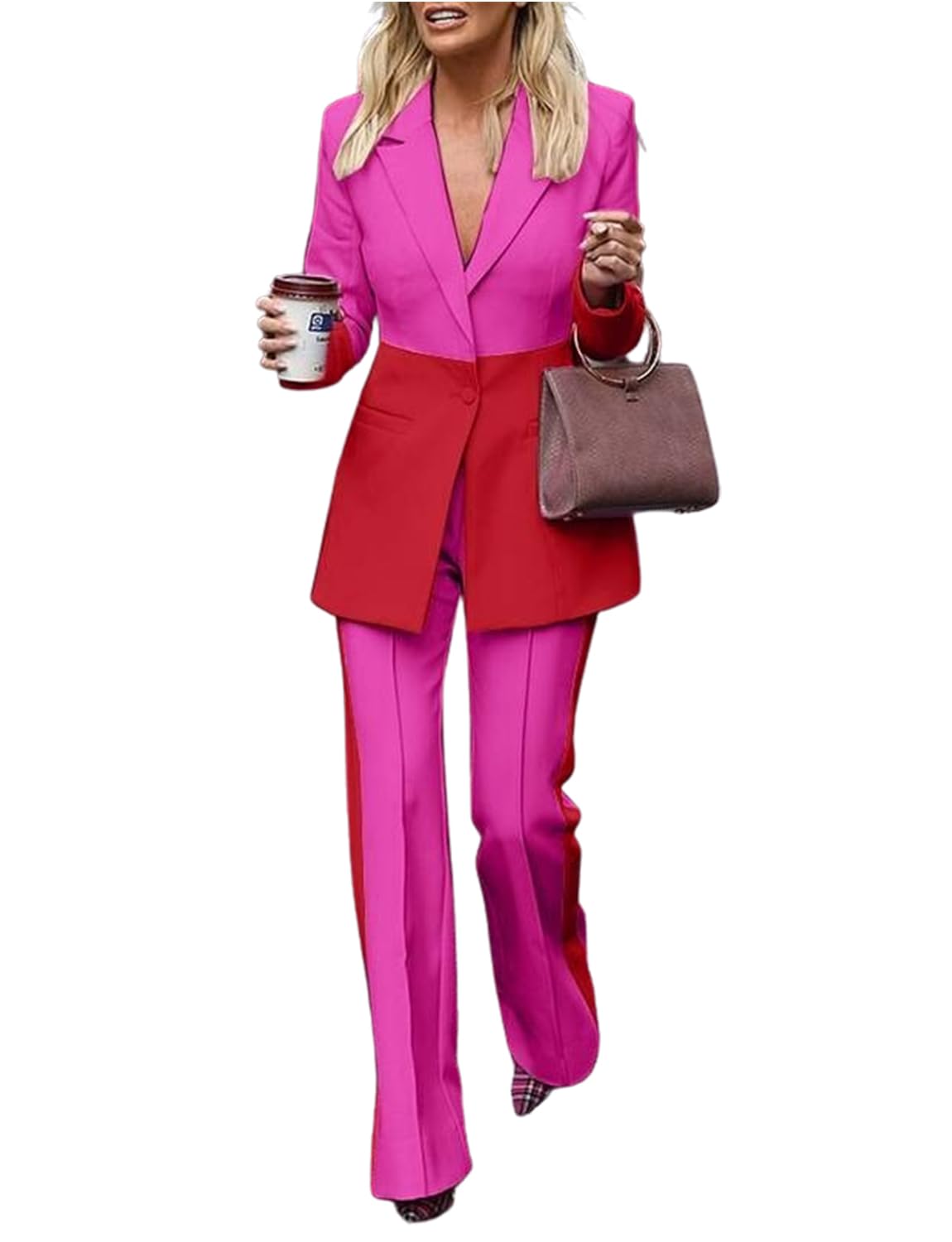 Womens Match Color Suit Long Sleeve Jacket with Pants Casual Elegant Business 2 Pieces Set
