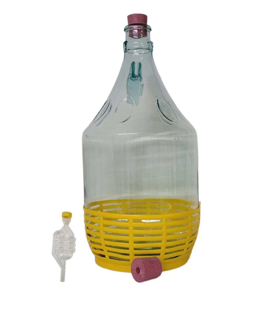 DIAH DO IT AT HOME 5L (1.3 Gal) Glass Demijohn Fermenter Kit with Airlock, Bored & Solid Rubber Bungs (No Swing Top) - Clear 1 Gallon Carboy Jug for DIY Wine Making, Hard Cider, Mead & Storage