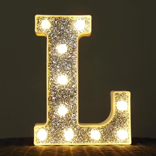 Image of Light Up Letters, Marquee Light Letter for Table Decorations, Glitter Light Up Signs for Prom, Events, or Engagement Party Decor, Featuring Alphabet & Number Lighted Letters, Letter L