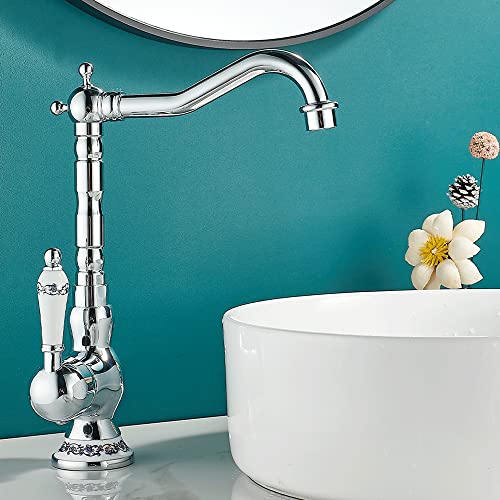 Maynosi Grifos de Lavabo de Baño Retro, Grifo de Lavabo de Cocina Vintage, Mezclador Tradicional con Caño Giratorio de 360°, Grifo de Agua Caliente y Fría con Palanca de Cerámica, Latón (Cromo)