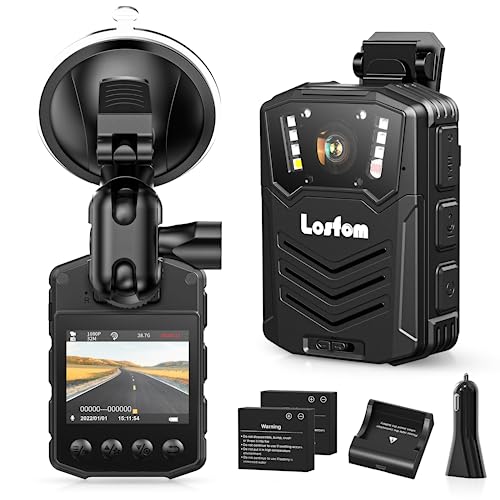 Losfom WD1PRO 2K Body Mounted Camera，Body Worn Camera with 2pcs Batteries and Charging Dock, 64G Body Mounted Cam Night Vision, 2-in-1 Wearable Camera for Cars, Outdoor, Home, Meeting