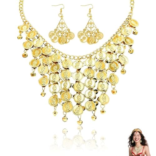 AzureRay Parure Bijoux Femme Danse Orientale, Collier et Boucles d'Oreilles Pièce de Monnaie Or, Accessoires pour Robe de Danse du Ventre, Ensemble de Bijoux...