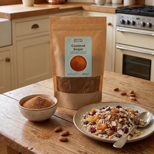 Grocer Planet – Natürlicher Kokosblütenzucker (400g) | Brauner Zucker mit niedrigem GI aus Kokosblütennektar | Unraffiniert | Für Getränke, Desserts und zum Backen