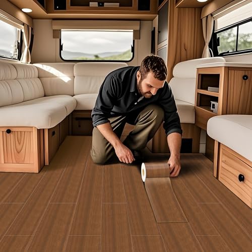 Parquet adhesif sol vinyle aspect bois noyer pour rénover l'intérieur du camping-car