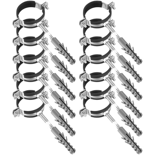 36 x 50 mm Hose Clamps: 12 Screw Clamps + 12 Dowels + 12 Hanging Bolts, Wall Hose Mounting Bracket with Rubber Insert for Plumbers, Round Pipes