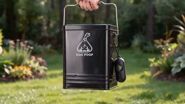 Image of Dog Poop Trash Can Outside, Metal Pet Waste Trash Can with Lid & Handle, 5L /1.3Gal Dog Waste Station with Bag Holder & 30 Bags(Black)